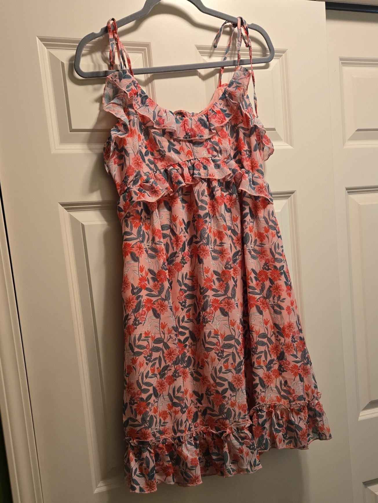 Koko & Masom Floral Ruffle Spaghetti Strap Dress - Pink & Coral